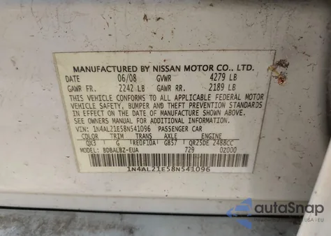 2008 Nissan Altima 2.5 S z USA, uszkodzony, nr VIN 1N4AL21E58N541096